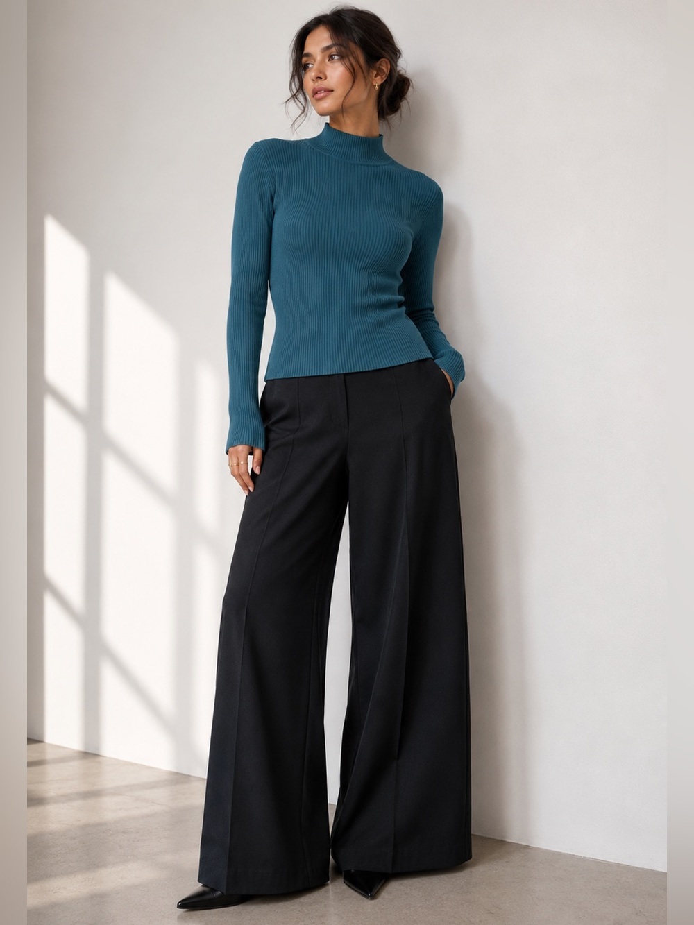 Teal Ribbed Sweater with Mock Turtleneck